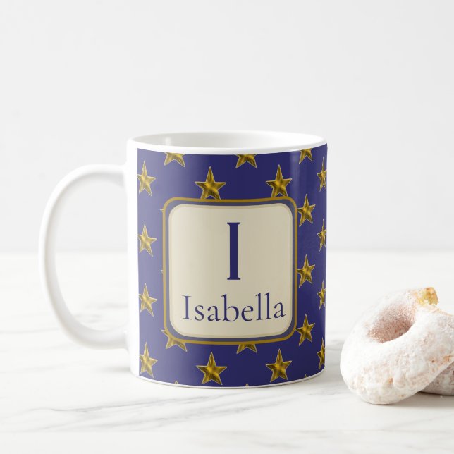 Blue Gold Stars Monogram First Name Initial Kaffeetasse (Mit Donut)