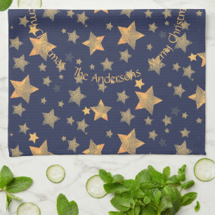Blue Gold Stars Muster Elegant Frohe Weihnachten Geschirrtuch