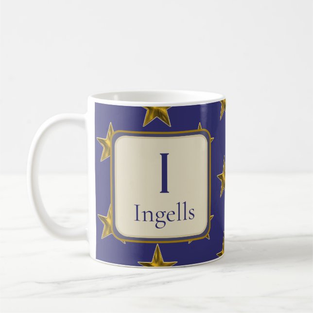Blue Gold Stars Nachname Monogram Initial Kaffeetasse (Links)