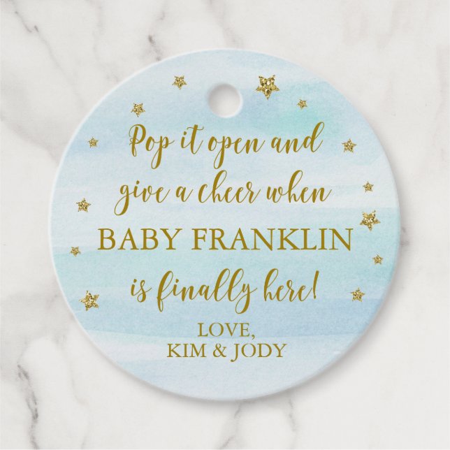 Blue & Gold Stars Pop Open Baby Dusche Geschenkanhänger (Vorderseite)