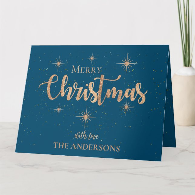 Blue Gold Stars Typografie Name Frohe Weihnachten Karte (Vorderseite)