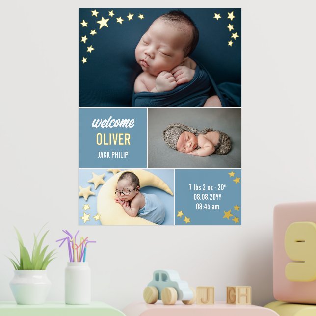 Blue Gold Stars Welcome Baby Boy Foto Collage Foliendrucke (In Situ (Kinderzimmer 2))