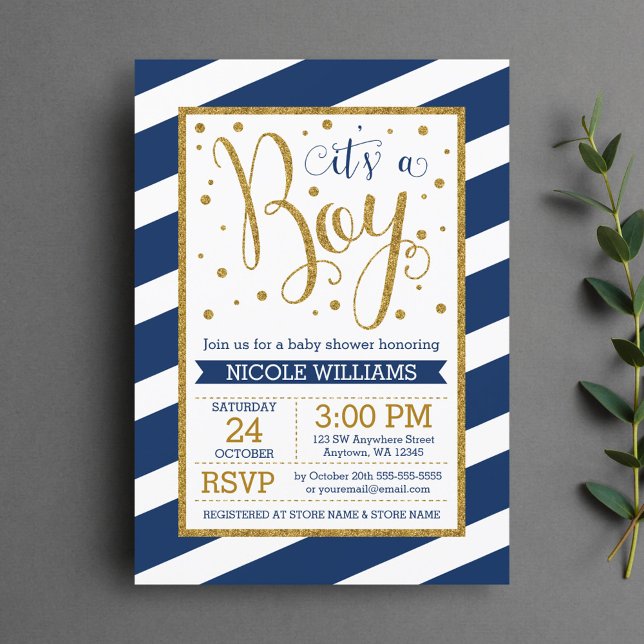 Blue Gold Streifen Boy Baby Shower Einladungen (Von Creator hochgeladen)