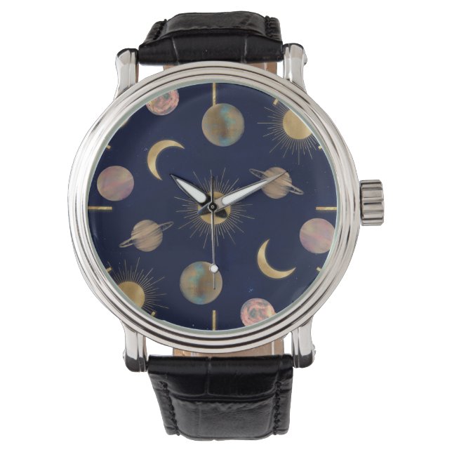 Blue Gold Sun Moon Planets Space Illustration Armbanduhr (Vorderseite)