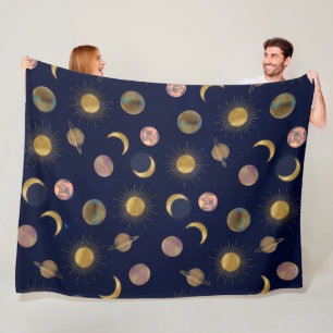 Blue Gold Sun Moon Planets Space Illustration Fleecedecke