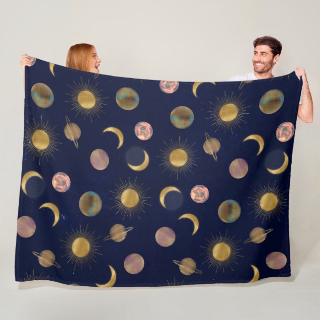 Blue Gold Sun Moon Planets Space Illustration Fleecedecke (Beispiel)