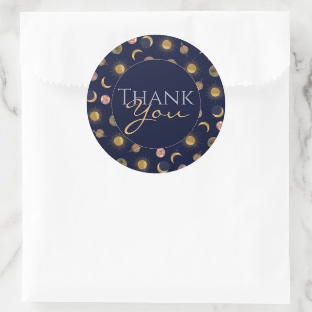 Blue Gold Sun Moon Planets Space Illustration Runder Aufkleber (Tasche)