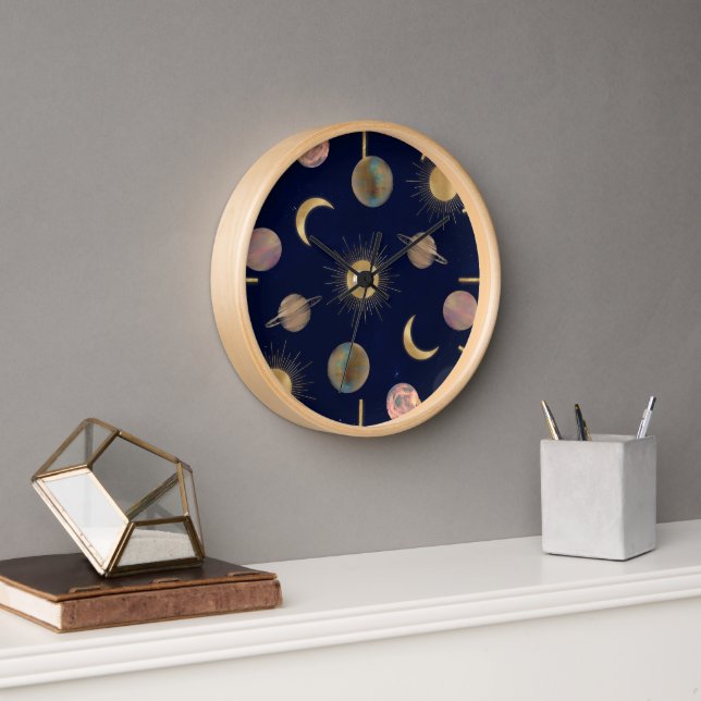 Blue Gold Sun Moon Planets Space Illustration Uhr (Büro)