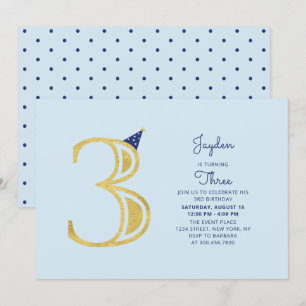 Blue & Gold Süße moderne Jungen 3. Geburtstagsfe Einladung