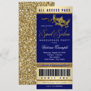Blue Gold Sweet 16 Maskenparty-Ticket Einladung
