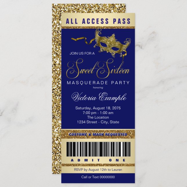 Blue Gold Sweet 16 Masquerade Party Ticket Einladung (Vorne/Hinten)
