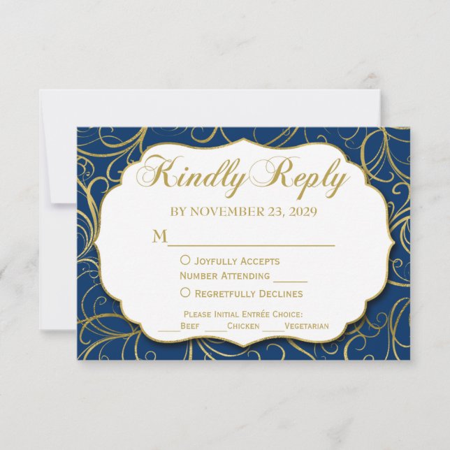 Blue Gold Swirl UAWG Wedding Response w/Meal RSVP Karte (Vorderseite)