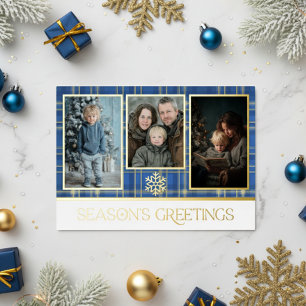Blue & Gold Tartan Karierte Jahreszeit Grüße Foto Folien Feiertagskarte