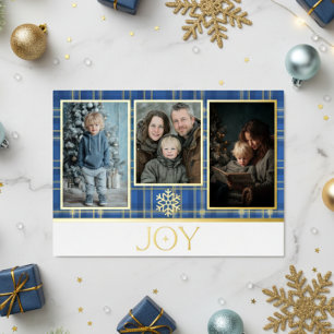 Blue & Gold Tartan Kariertes Weihnachtsjubiläum Fo Folien Feiertagskarte