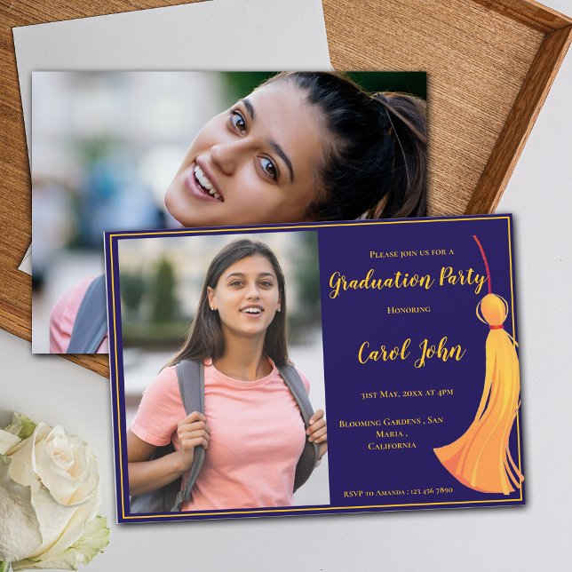 Blue Gold Tassel Elegant 2025 Graduation Party Einladung (Blue Gold Tassel Elegant 2025 Graduation Party Invitation)