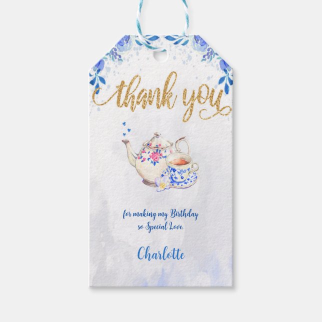 Blue & Gold Tea Party Geschenketiketten Geschenkanhänger (Vorderseite)
