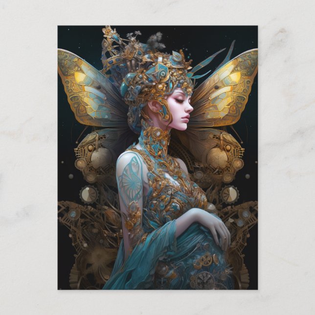 Blue Gold Techno Butterfly Fantasy Art Postkarte (Vorderseite)