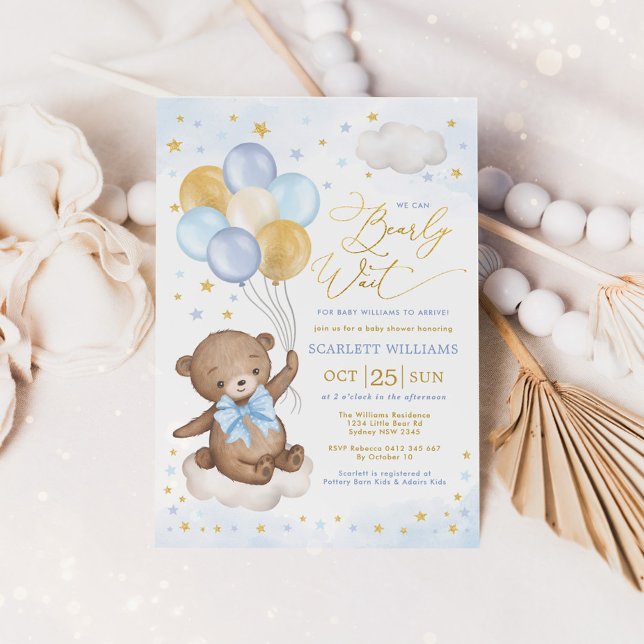 Blue Gold Teddy Bear Balloons Boy Baby Dusche Invi Einladung (Von Creator hochgeladen)
