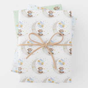 Blue Gold Teddy Bear Balloons Moon Stars Party Geschenkpapier Set