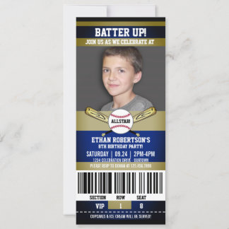 Blue|Gold Ticket Style Baseball Geburtstagsparty Einladung