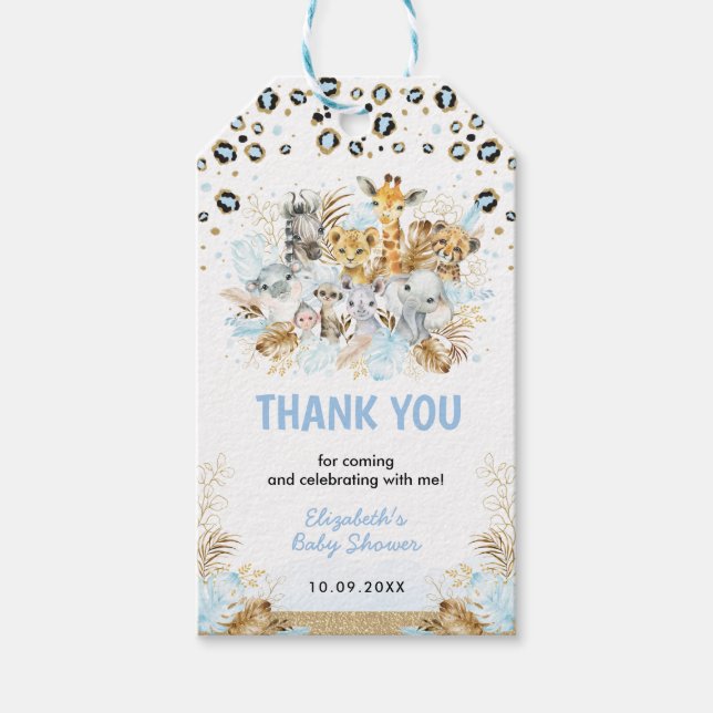 Blue Gold Tropical Safari Animals Boy Baby Dusche Geschenkanhänger (Vorderseite)