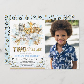 Blue Gold Tropical Safari Zwei Wildtiere Foto Gebu Einladung