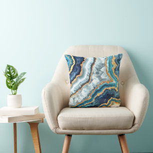 Blue Gold Türkis White Elegante Geode Kissen