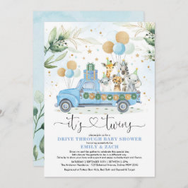 Blue Gold Twin Boys Jungle Drive Thru Baby Dusche Einladung