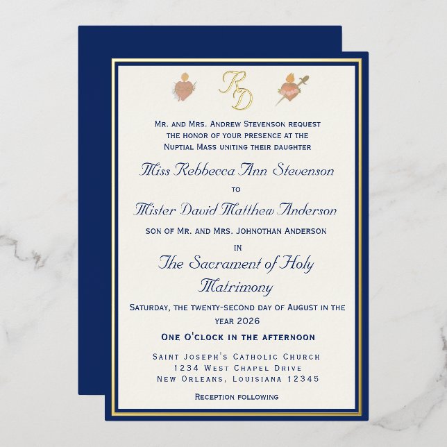 Blue & Gold Two Hearts Catholic Wedding Invitation Folieneinladung (Vorderseite/Rückseite)