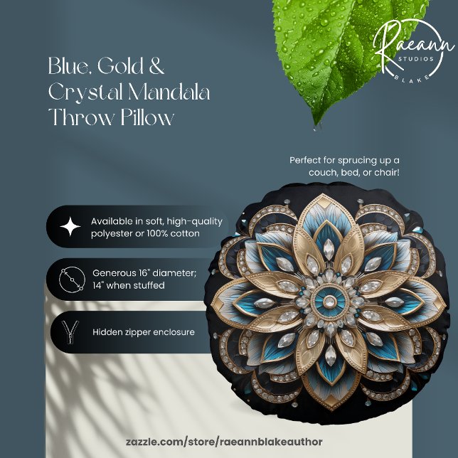 Blue, Gold und Crystal Mandala Round Pillow Rundes Kissen (Von Creator hochgeladen)