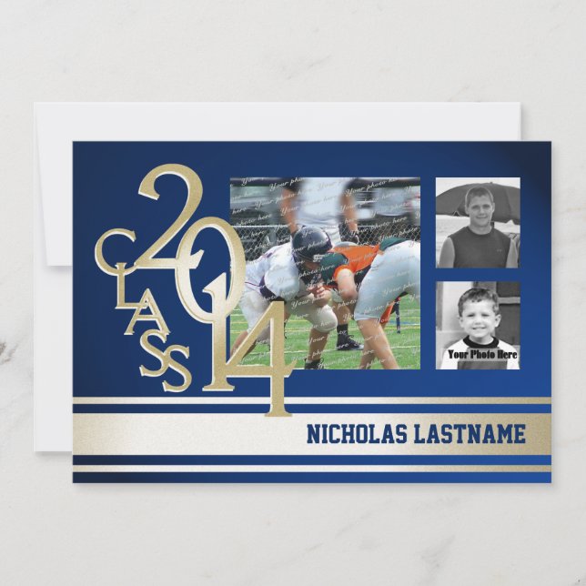 Blue Gold Varsity Stripe Graduate Tri Foto 2014 Einladung (Vorderseite)