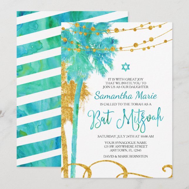 Blue Gold Watercolor Beach Bat Mitzvah Einladungen (Vorne/Hinten)