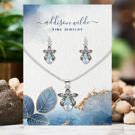 Blue Gold Watercolor Blätter Necklace Display Card Visitenkarte
