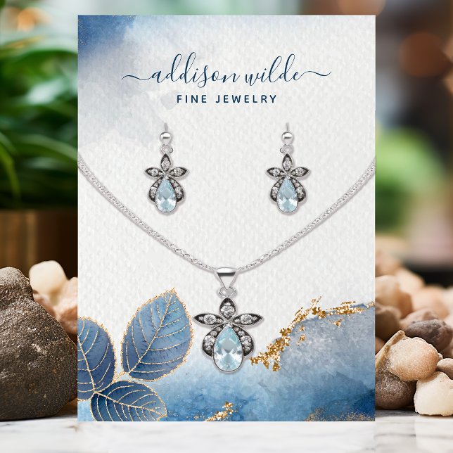 Blue Gold Watercolor Blätter Necklace Display Card Visitenkarte (Von Creator hochgeladen)