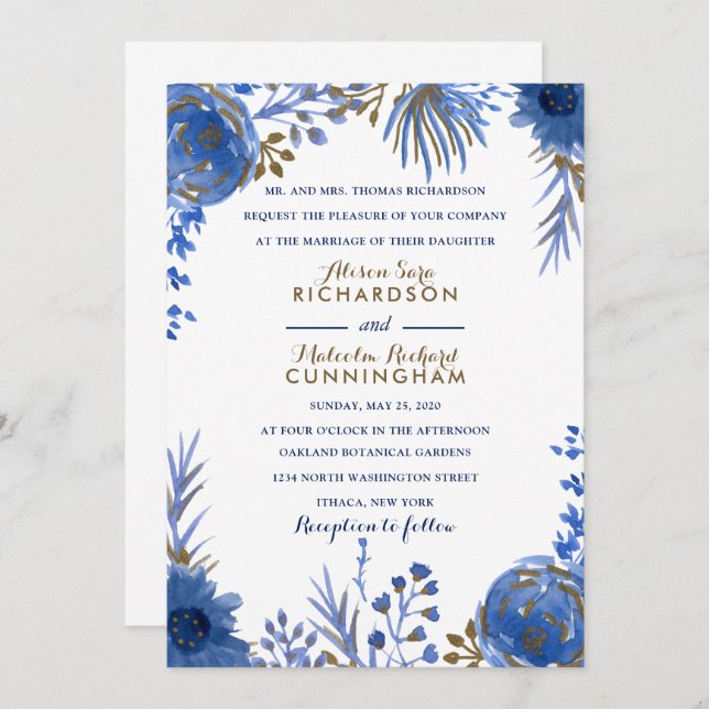 Blue Gold Watercolor Blume Hochzeit Einladung (Vorne/Hinten)