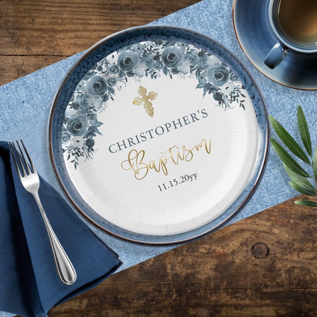 Blue Gold Watercolor Blumenjungen Taufe Vielen Dan Pappteller (Elegant Blue and Faux Gold Watercolor Floral Boy Baptism Paper Plates)