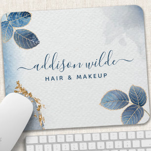 Blue Gold Watercolor Botanische Blätter Abstrakt Mousepad