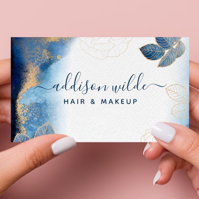 Blue Gold Watercolor Botanische Blätter Abstrakte  Visitenkarte (Von Creator hochgeladen)