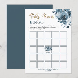 Blue Gold Watercolor Floral Baby Dusche Bingo Card Einladung