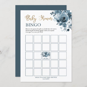 Blue Gold Watercolor Floral Baby Dusche Bingo Card Einladung
