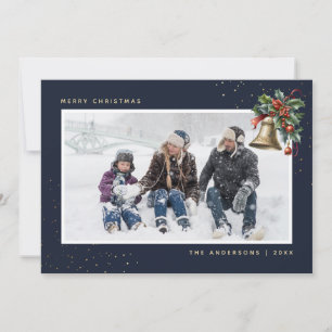 Blue Gold Watercolor Holly Bell Foto Feiertagskarte