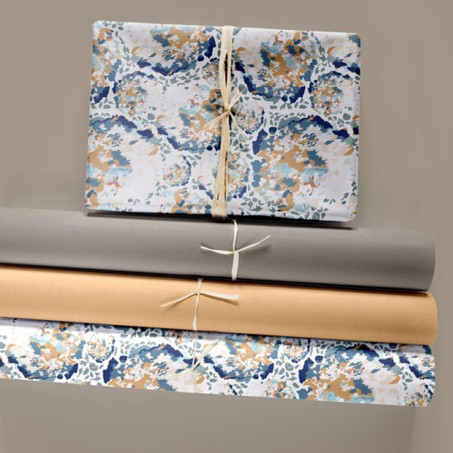 Blue Gold Watercolor Hydrangeas Fall Geschenkpapier Set (Abstract Blue Gold Hydrangeas Wrapping Paper Sheets by Studio Posies.)