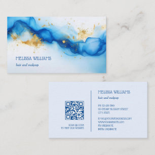 Blue Gold Watercolor QR Code Business Card Visitenkarte