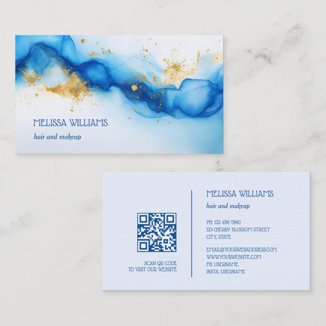 Blue Gold Watercolor | QR Code Business Card Visitenkarte (Vorne/Hinten)