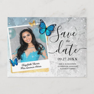 Blue Gold Watercolor Quinte Foto Save the Date Ankündigungspostkarte