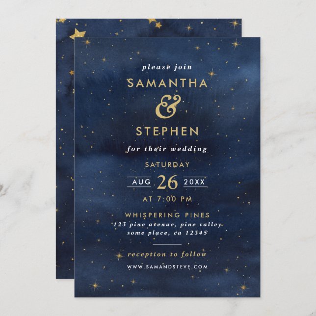 Blue & Gold Watercolor Starry Night Sky Wedding Einladung (Vorne/Hinten)