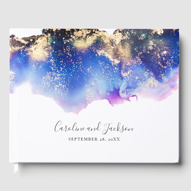 Blue Gold Watercolor Wedding Gästebuch (Vorderseite)