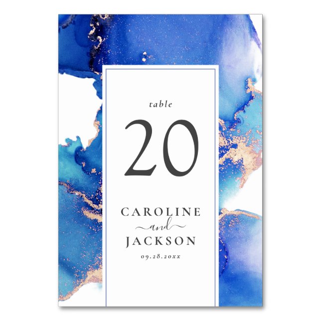 Blue Gold Watercolor Wedding Tischnummer (Vorderseite)