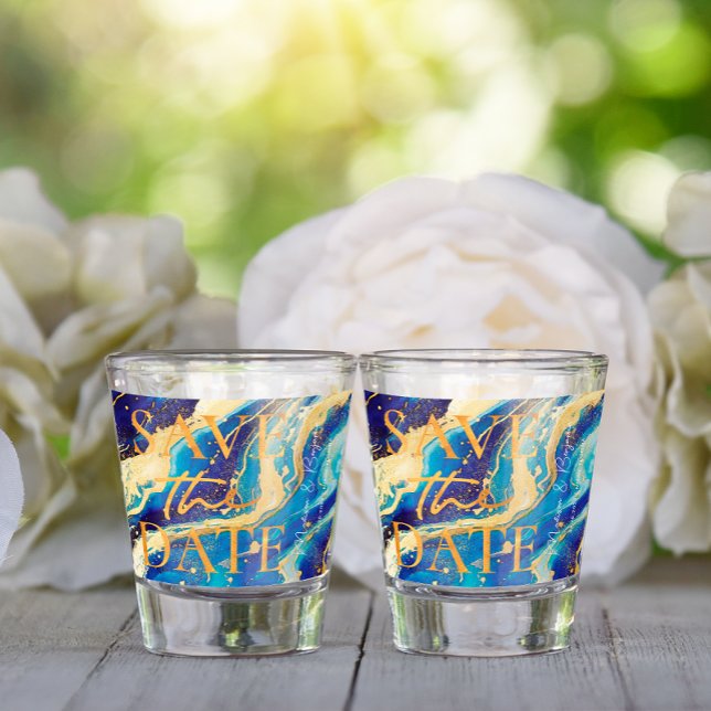 Blue Gold Wedding Beach Funny Save the Date Schnapsglas (Von Creator hochgeladen)