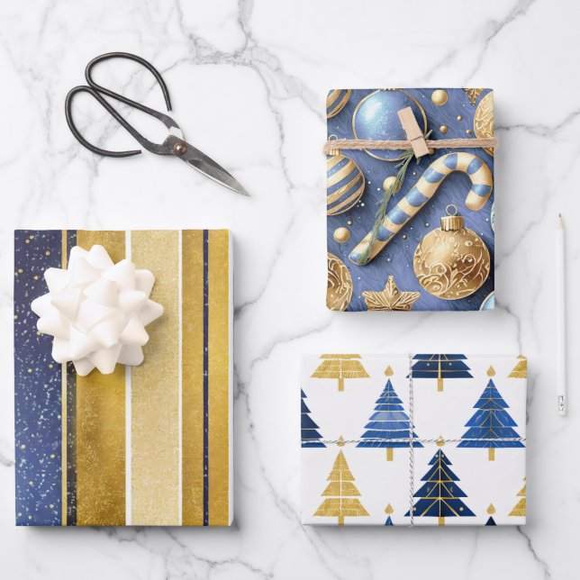 Blue Gold Weihnachtsmuster #12#24#27 ID1009 Geschenkpapier Set (Vorderseite)